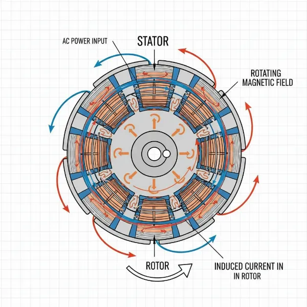 Illustration demonstrating the principle of a rotating magnetic field in an AC induction motor's stator.