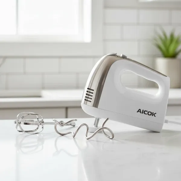 Aicok electric hand mixer with stainless steel beaters and dough hooks on a kitchen counter