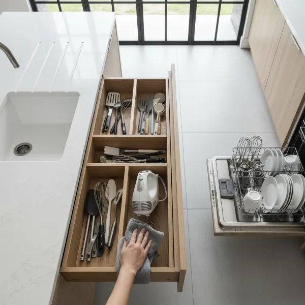 Aicok hand mixer being cleaned and stored in a kitchen drawer