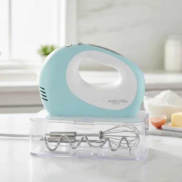 Axolotl electric hand mixer with beaters, dough hooks, whisk, and storage case