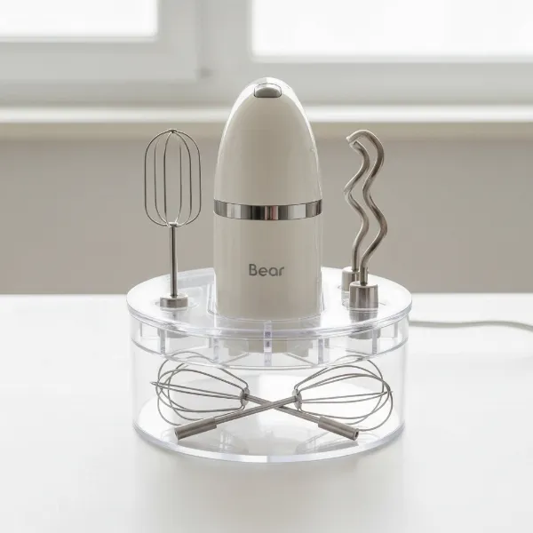 Bear Electric Hand Mixer with its various stainless steel attachments neatly stored in a compact base.