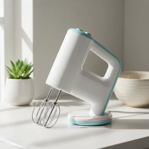 A cute, compact Bear Electric Hand Mixer in a modern kitchen setting, highlighting its space-saving design.