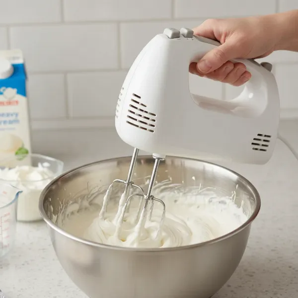 A beginner home baker uses a hand mixer to whip cream in a stainless steel bowl.