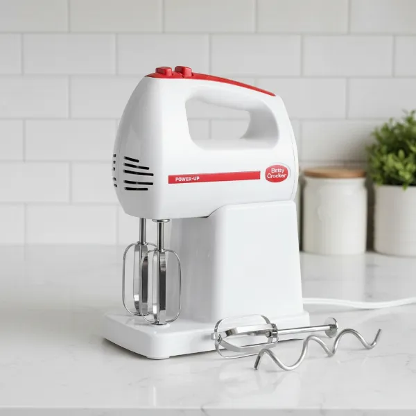 Betty Crocker 7-Speed Hand Mixer with its storage stand and attachments, neatly organized.