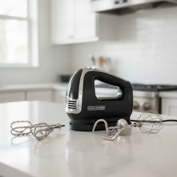 Black+Decker Helix hand mixer with innovative beaters, dough hooks, and whisk for versatile baking.