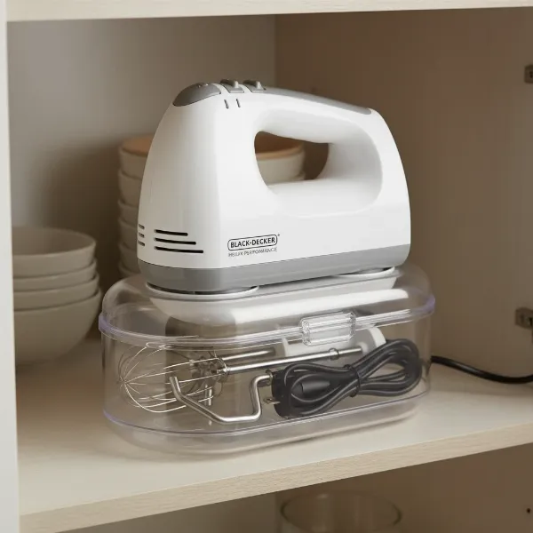 Black+Decker Helix hand mixer snapped onto its compact storage case with all attachments.
