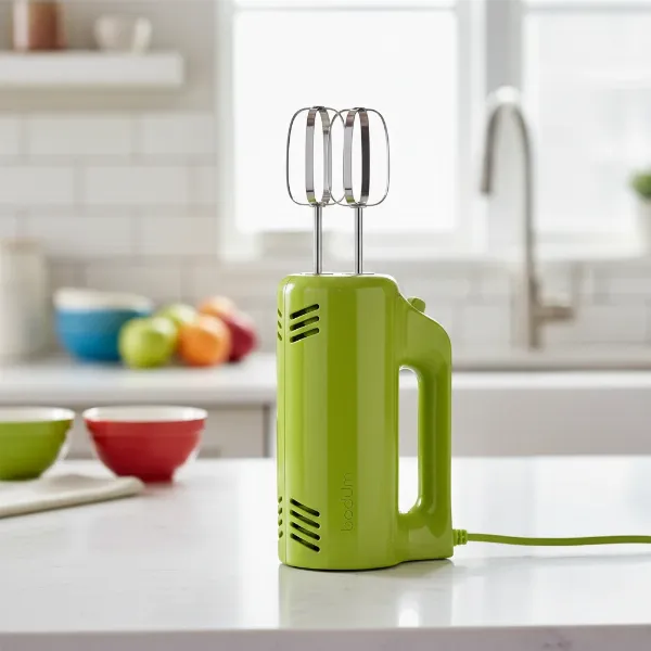 A Bodum Bistro electric hand mixer in a vibrant color, showcasing its unique design.