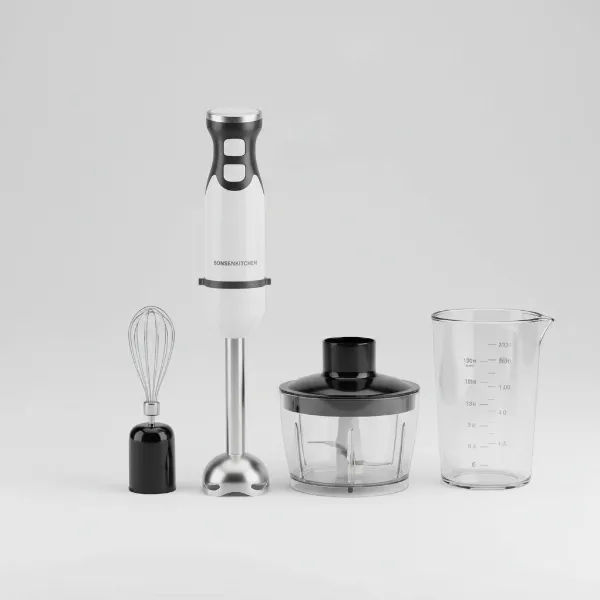 Bonsenkitchen 4-in-1 immersion blender set with blending shaft, whisk, chopper bowl, and beaker.