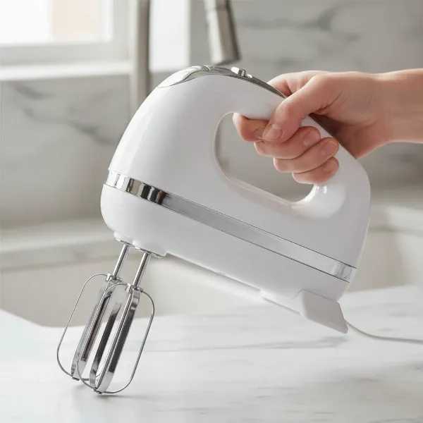 Brentwood 5-speed hand mixer with chrome beaters, ergonomic design, and heel rest.