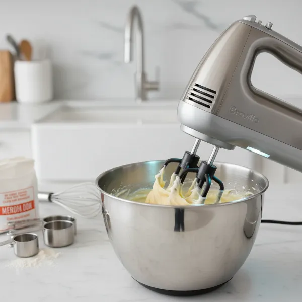 Breville Handy Mix Scraper with scraper beaters mixing batter, demonstrating Beater IQ and bowl illumination.