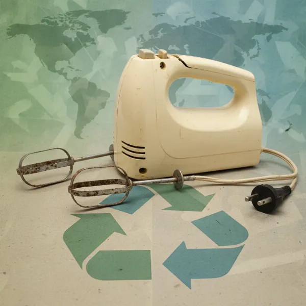 An old, broken hand mixer ready for responsible recycling to minimize environmental impact.