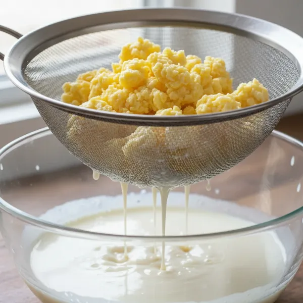Freshly made butter solids being strained to separate from the liquid buttermilk in a bowl.