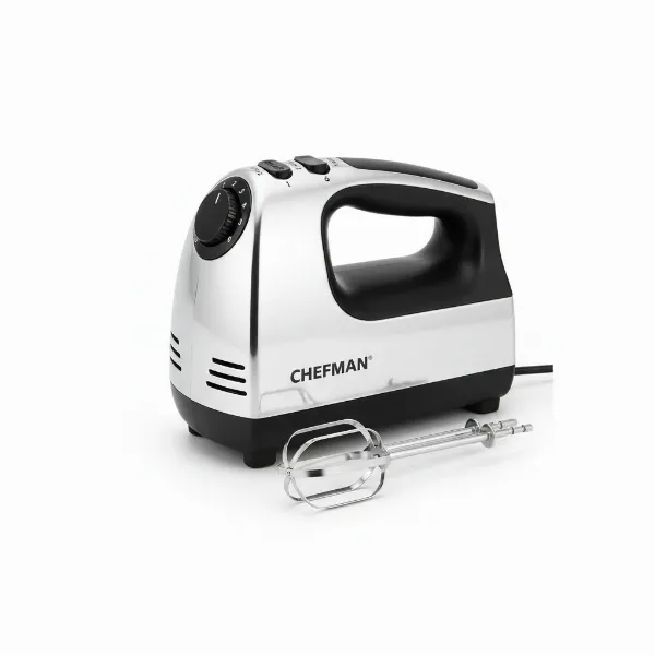Chefman 5-Speed hand mixer showcasing its ergonomic design, speed settings, and included beaters.