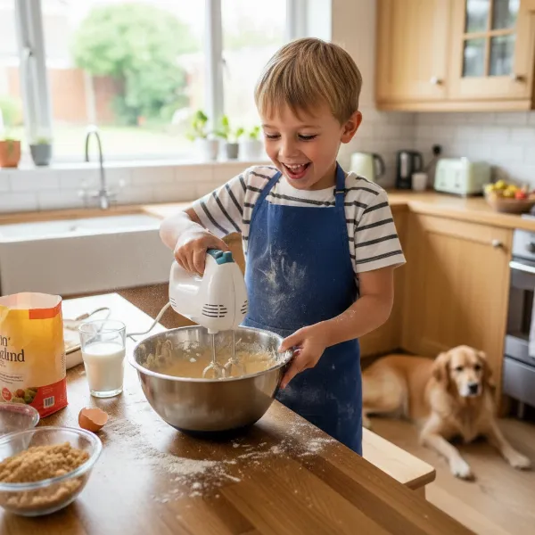 Young child happily using a hand mixer to mix ingredients in a bowl.