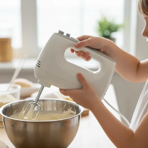 Close-up of a child's small hands comfortably gripping an ergonomic, lightweight hand mixer.