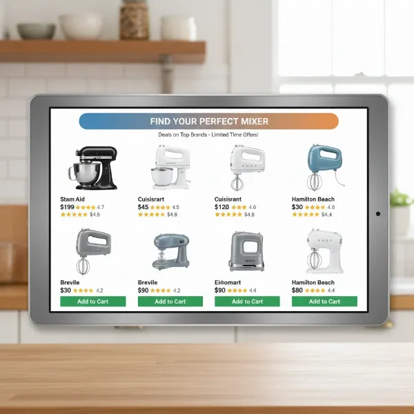 Diverse selection of hand mixers displayed for online shopping, with prices and features visible.