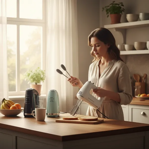 Woman selecting a quiet hand mixer in a kitchen, considering features and noise level.