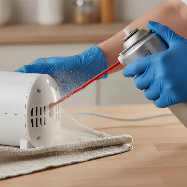 Person using compressed air to clean flour dust from hand mixer vents.