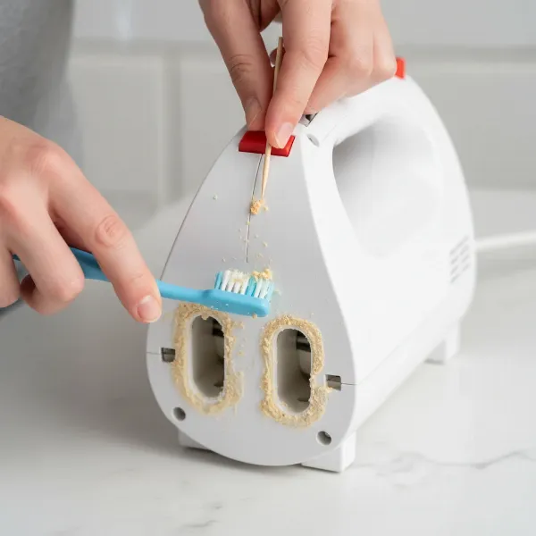 A person cleaning a hand mixer's beater insertion points and eject button with a small brush.