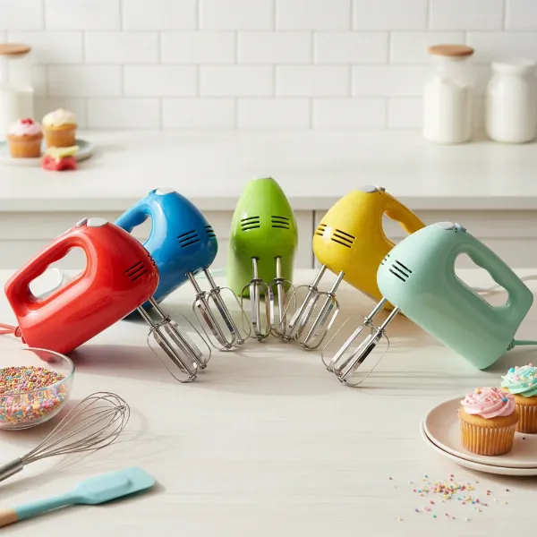 A display of various colorful plastic hand mixers, showcasing design flexibility and vibrant options.