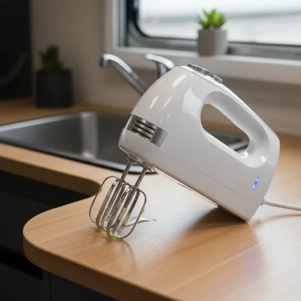 A compact and lightweight hand mixer with beaters, perfect for small kitchens and RVs.