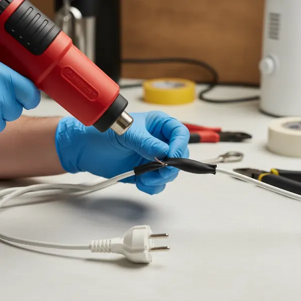 A hand showing the application of heat shrink tubing to a minimally frayed hand mixer cord.