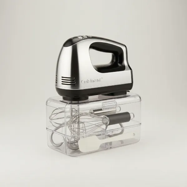 Cuisinart hand mixer with beaters, whisk, dough hooks, spatula, and snap-on storage case.