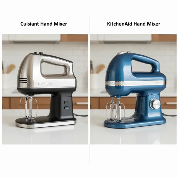 Side-by-side comparison of Cuisinart and KitchenAid hand mixer designs.