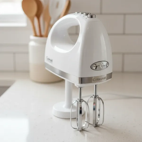 Close-up of the Cusinaid 5-speed hand mixer with its ergonomic design and stainless steel accents.