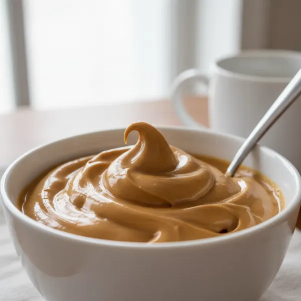 Perfectly whipped, glossy dalgona coffee foam with stiff peaks in a small white bowl.