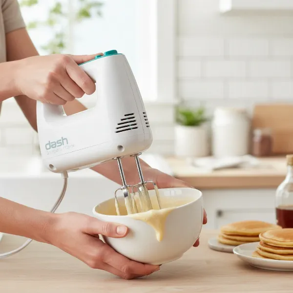 A Dash SmartStore hand mixer whipping a light batter in a small mixing bowl, highlighting its performance for simple tasks.