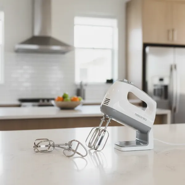 DEKAPRO hand mixer with stainless steel beaters and dough hooks on a kitchen counter.