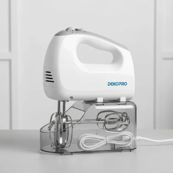 DEKAPRO hand mixer with its snap-on storage base holding attachments and cord.