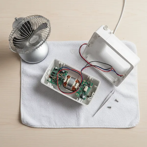 Disassembled hand mixer components laid out on a towel, air drying with a small fan.