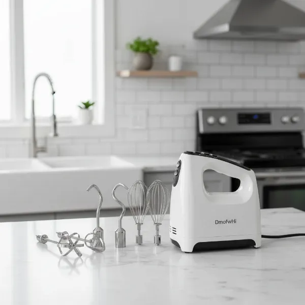 DmofwHi 5-speed electric hand mixer with beaters, dough hooks, and whisks displayed.