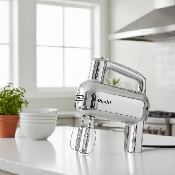 A Dualit hand mixer in chrome or canvas white, showcasing its classic retro design and elegant lines.