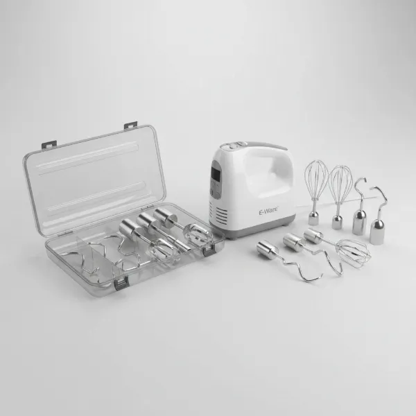 The E-Ware 5-speed hand mixer displayed with its full set of stainless steel attachments and compact storage case.