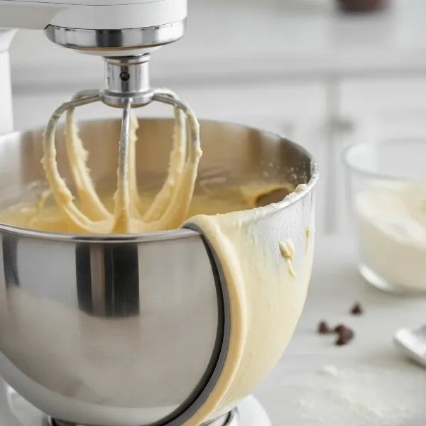 Flex edge beater in a hand mixer actively scraping cake batter from a mixing bowl side.