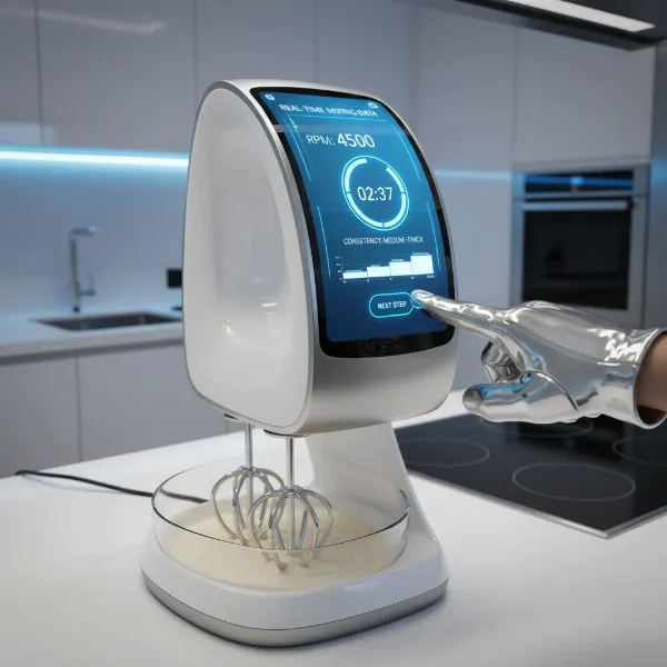 Futuristic hand mixer with large integrated digital touchscreen displaying recipe guidance and controls