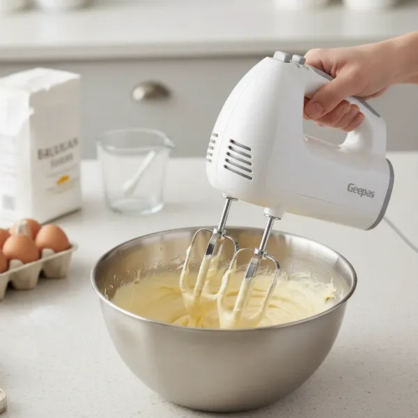 Geepas electric hand mixer actively whipping light batter in a mixing bowl, showing efficient performance.