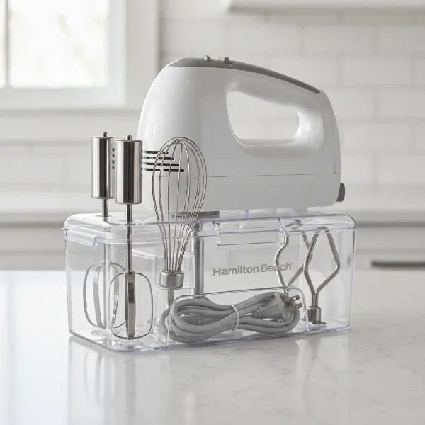 Hamilton Beach 6-speed hand mixer with attachments and cord neatly organized in its snap-on storage case.