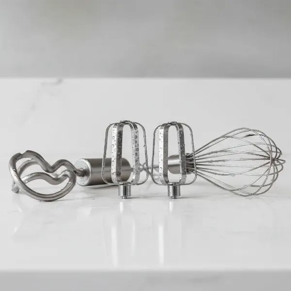 Various attachments for hand mixers, including beaters, whisks, and dough hooks.