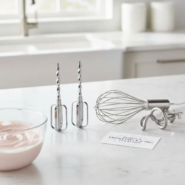 Essential hand mixer attachments: standard beaters and a balloon whisk, ready for use.