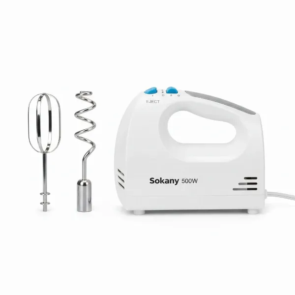 Sokany hand mixer displayed with stainless steel beaters and dough hooks.