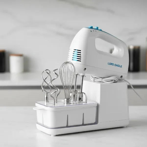 Lord Eagle hand mixer and its five stainless steel attachments in a compact storage case.