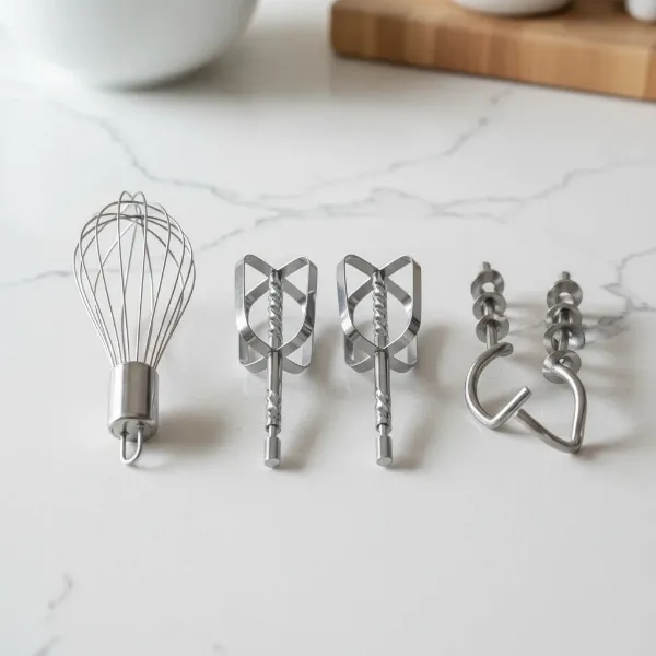 Close-up of various hand mixer attachments: beaters, whisk, dough hooks, on a clean surface