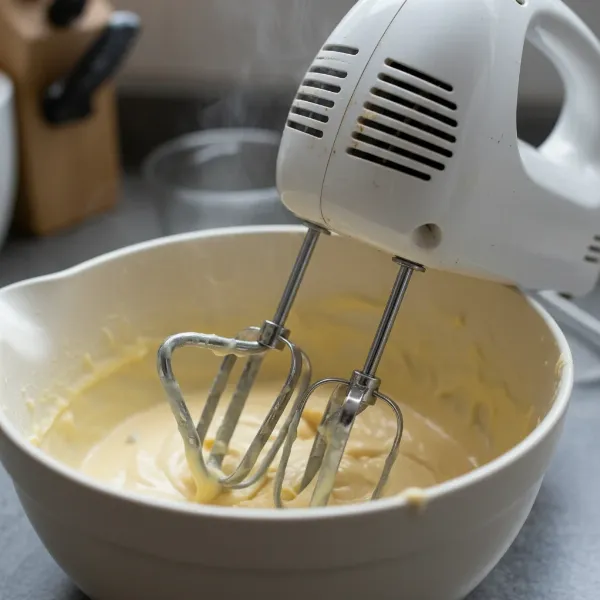 Hand mixer with noticeably bent and damaged beaters struggling to rotate