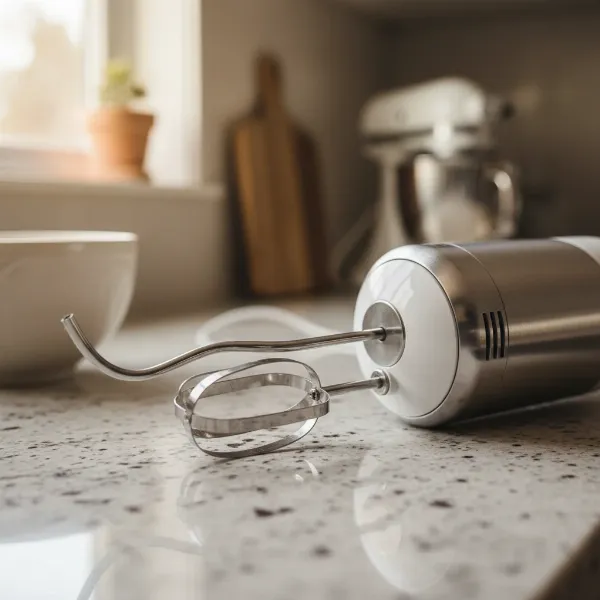 Close-up of a hand mixer with one bent beater, illustrating a common cause of vibration.