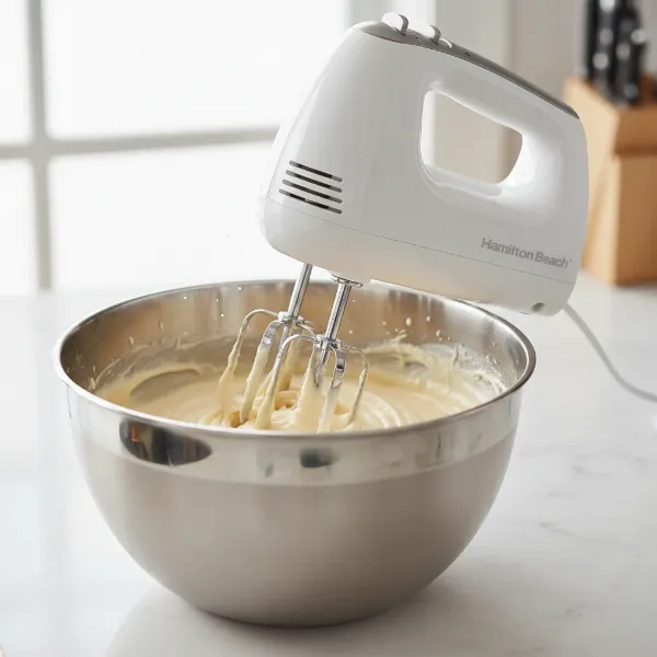 Hand mixer vigorously blending cake batter in a stainless steel bowl, creating smooth texture.