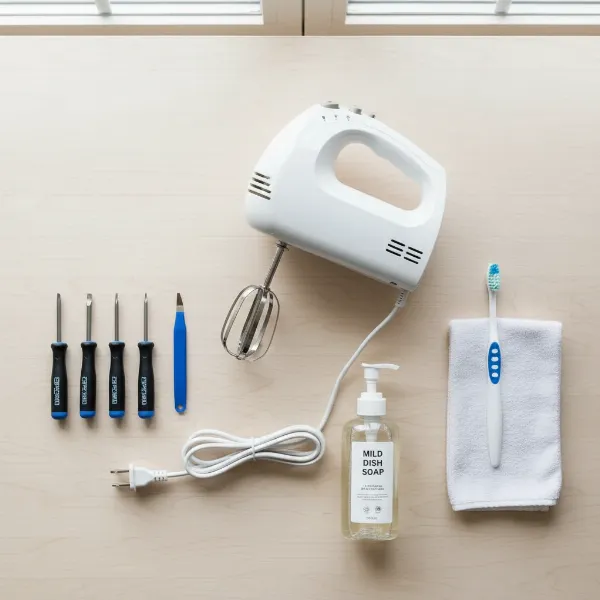 Essential tools and safety precautions for hand mixer deep cleaning and disassembly.
